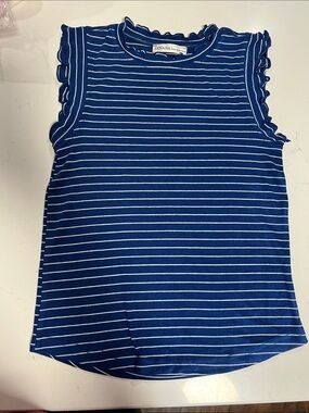 Zenana Blue & White Striped Ruffle Neck Tank